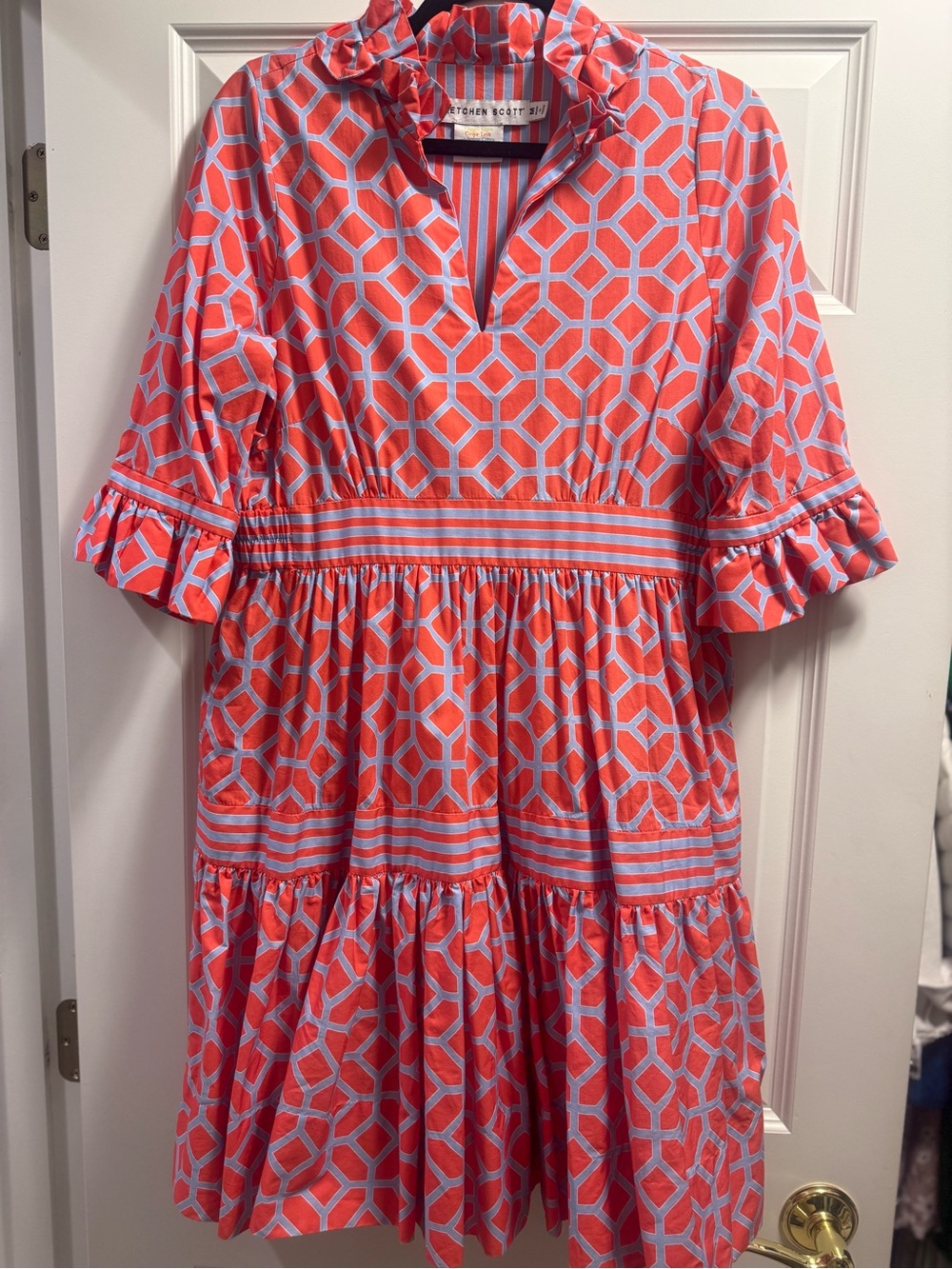 Gretchen Scott Designs Coral and Light Blue Geometric V-Neck Tunic - Picture 2 of 7